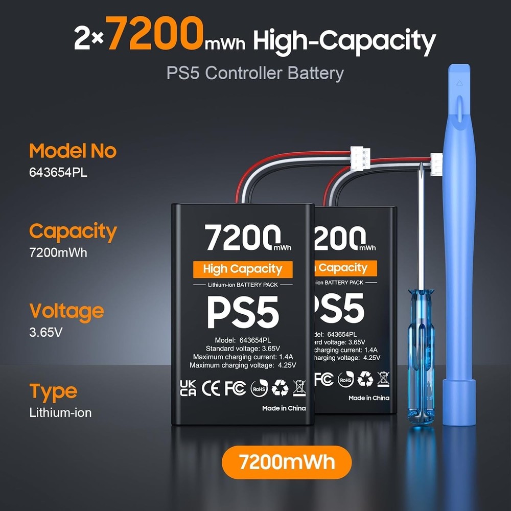 PS5 Controller Battery, High Capacity 2x7200mWh Rechargeable black