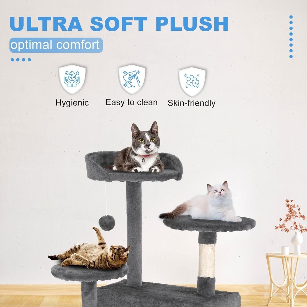 54" Cat Tree Tower | Light Gray | Multi-Level Indoor Activity Center with Sis...