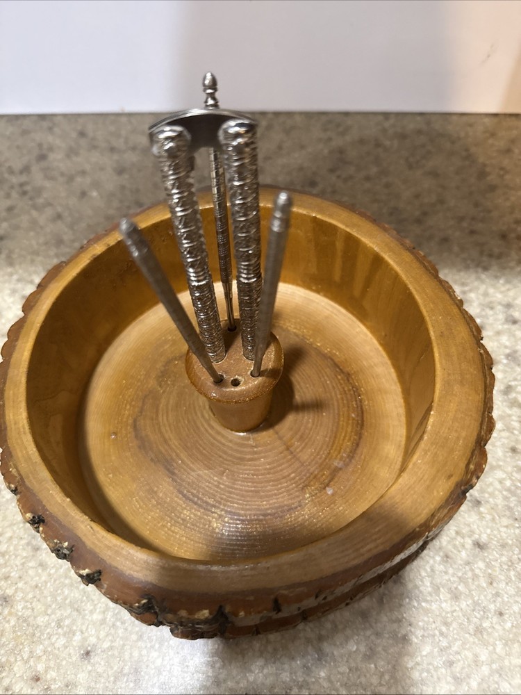 Vintage Rustic Ware Nut Cracker Bowl, Tree Bark, With 3 Picks And Nut Cracker