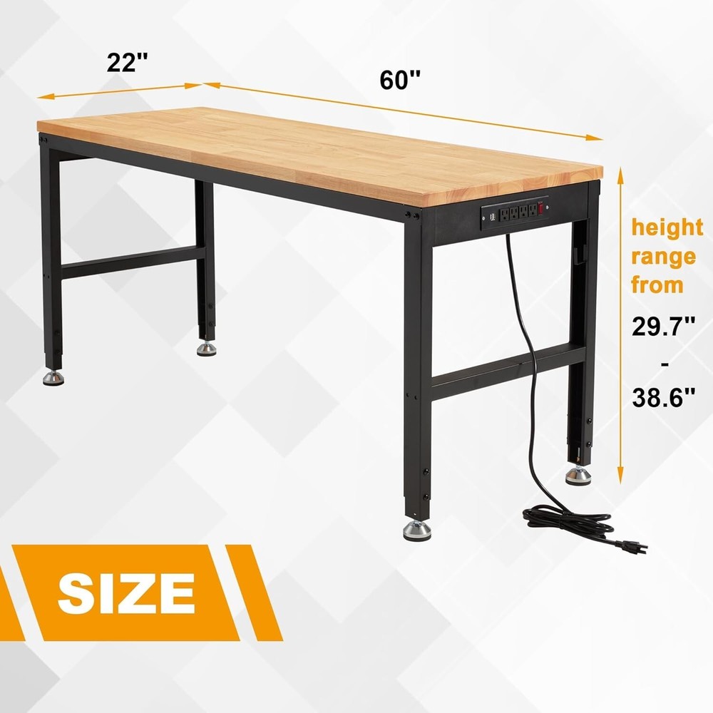 Height Adjustable Workbench 60"x 22" 2000 Lbs Capacity Heavy-Duty Power Outlets
