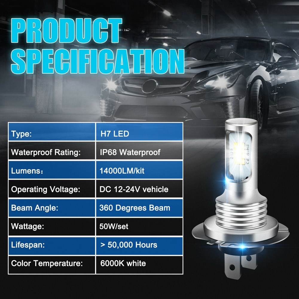 H7 H7 LED Headlight KIT Combo Bulbs High Low Beam Super Bright White 10000K