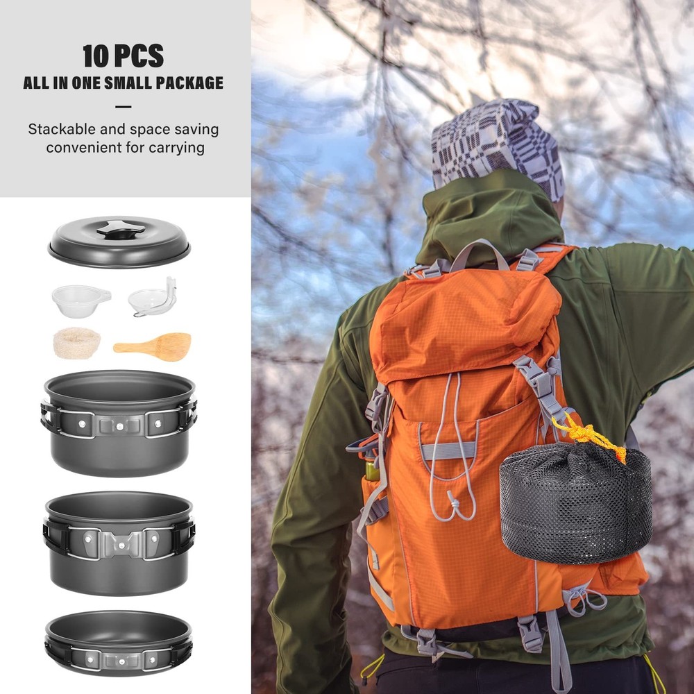 Lixada 10pcs Camping Cookware Mess Kit, Non-Stick Lightweight Stackable Pot P...