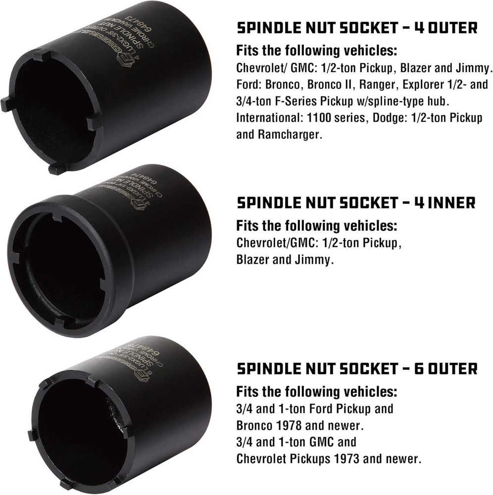 Spindle Nut Socket Tool Kit, 5 Piece, Remove Spindle Nuts, Various Size Lug Out