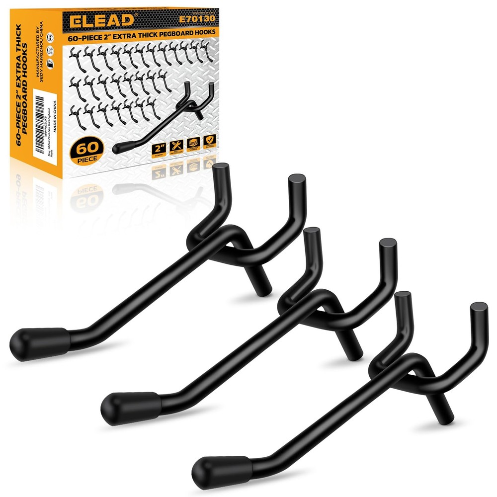 60-Piece 2 Inch Extra Thick Pegboard Hooks, Heavy Duty Peg Board Organizer Ac...