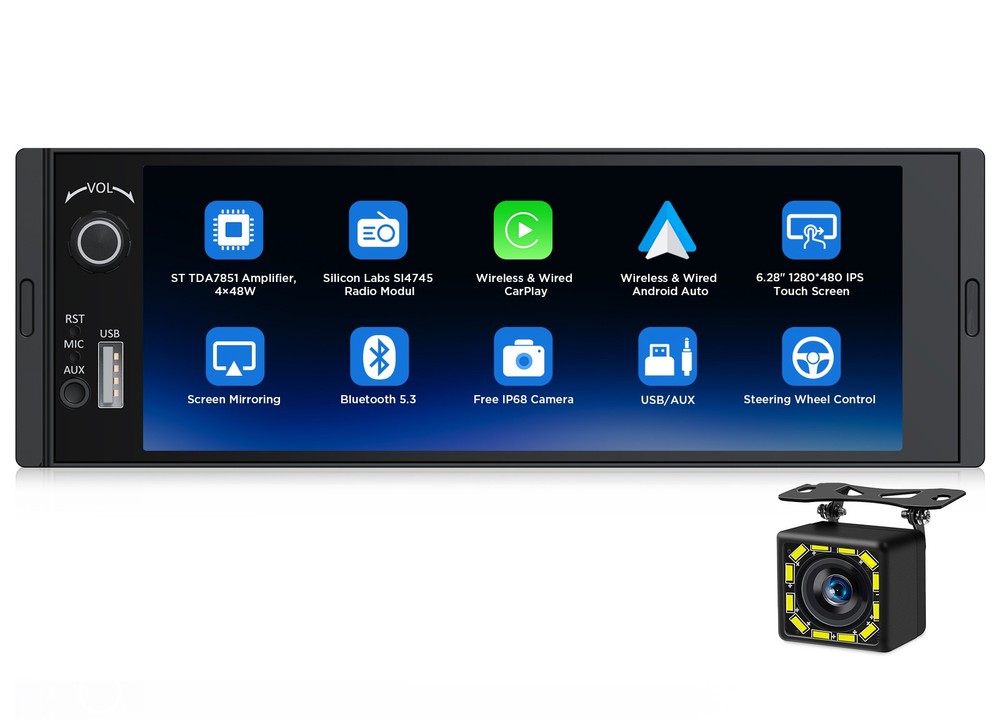 X3U 6.28" Wireless CarPlay Android Auto 1DIN Car Stereo Bluetooth 5.3 Multimedia