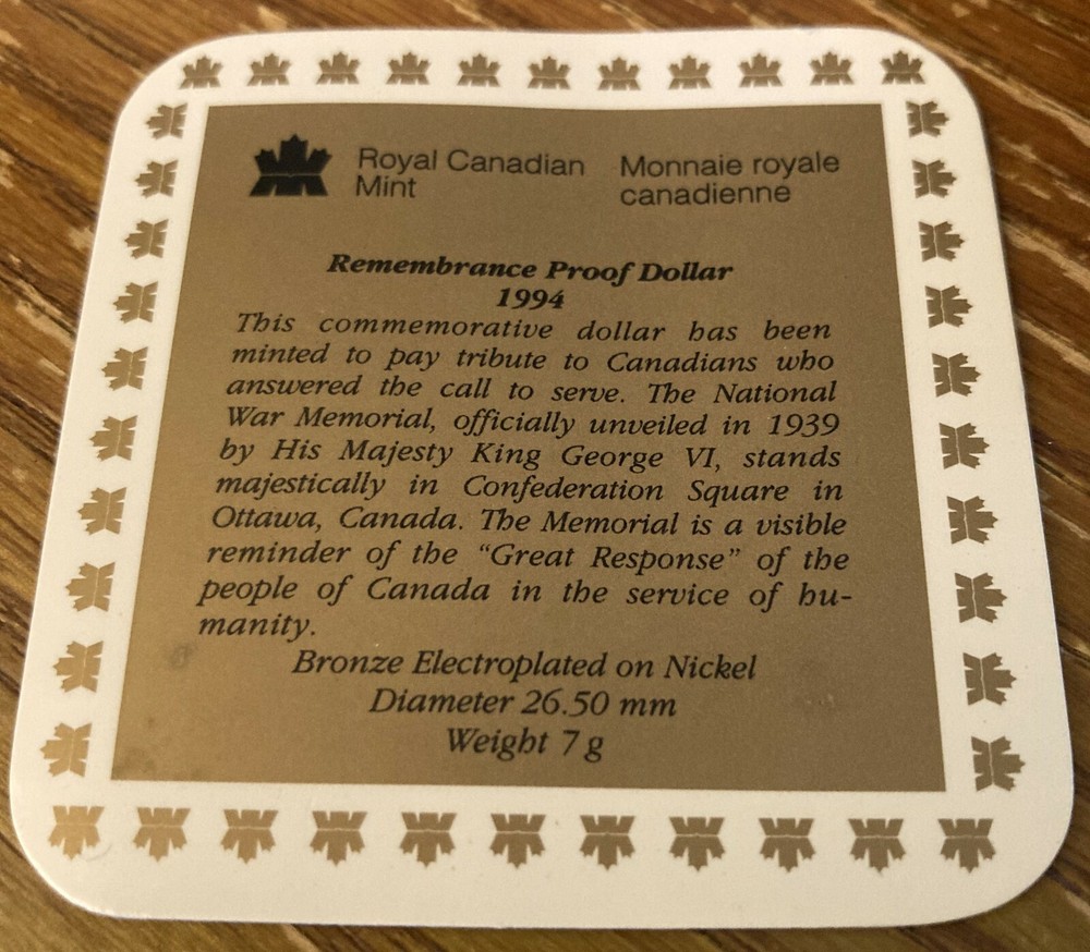 1994 Canada 1 One Dollar Remembrance Proof - With Display Box & COA
