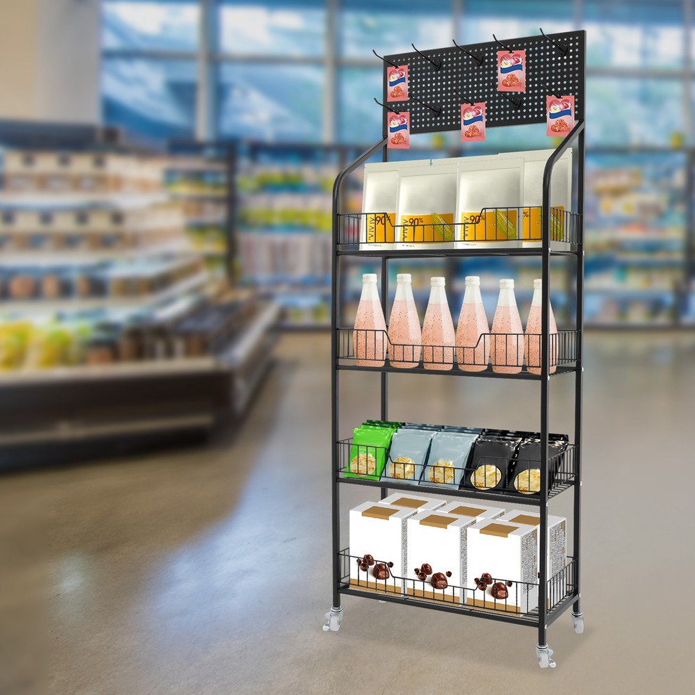 Rolling Retail Display Rack 4 Tier Black Store Merchandise Shelf Unit