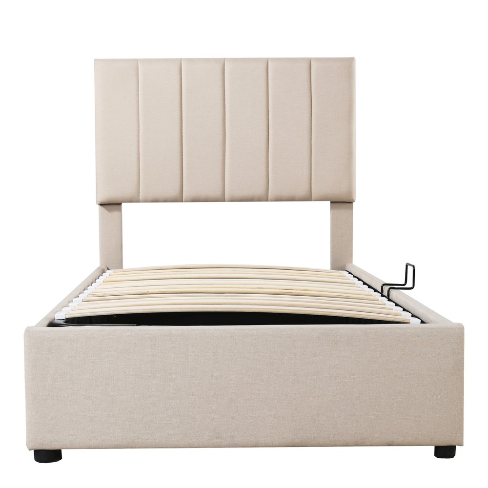 Twin Size Upholstered Platform Bed with a Hydraulic Storage System, Beige