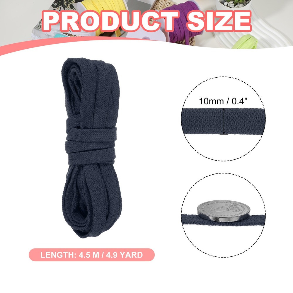 Flat Drawstring Cord 10mm x 5 Yd Replacement Flat Rope with Ruler Navy Blue