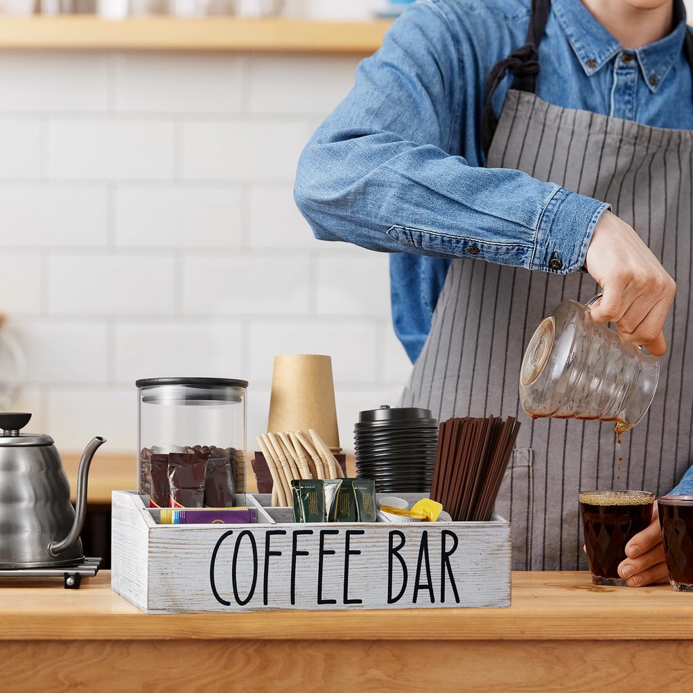 White Coffee Station Organizer Countertop 7 Compartment Rustic Bar Decor