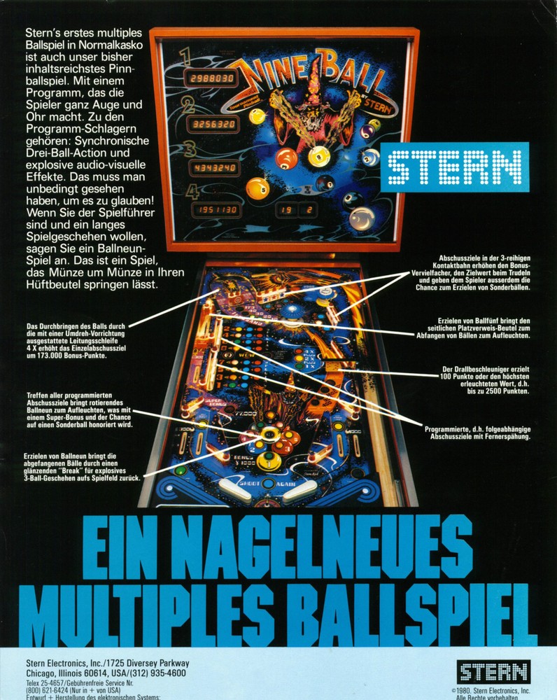 1980 STERN NINE BALL PINBALL FLYER