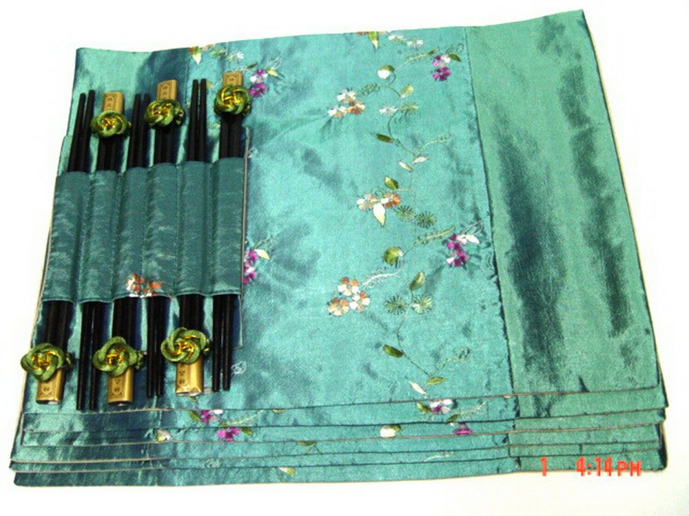 Asian 6 Set Floral Patterns Handmade Dinner Sets Silk Placemats Chopsticks