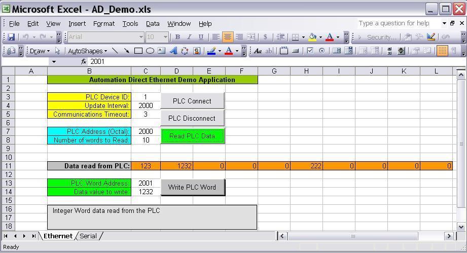 Automation Direct PLC Ethernet/Serial ActiveX Driver Read/Write Data into Excel