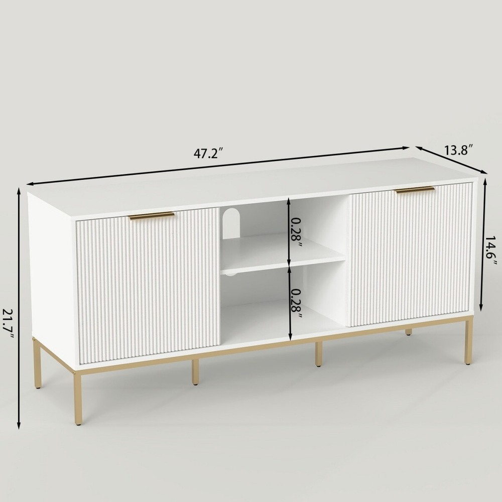 Modern TV Stand with Wave-Design Doors, Open Shelf & Adjustable Shelf White