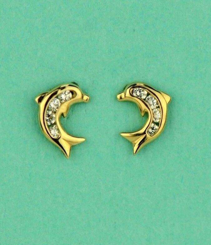 14k Yellow Gold CZ Dolphin Stud Earring