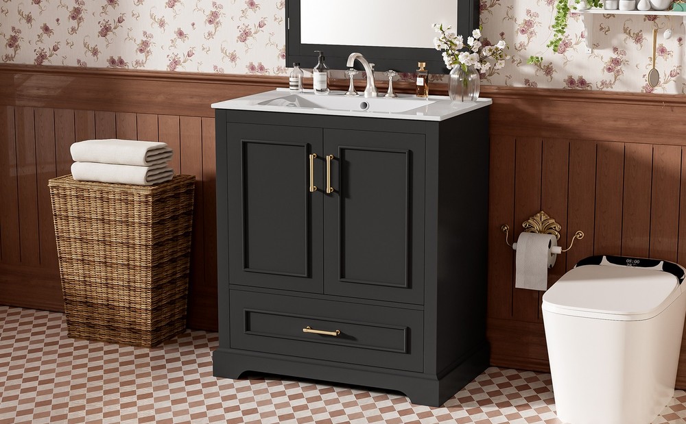 30" Bathroom Vanity w/ Sink, Black, Soft-Close Doors & Drawer, Solid Wood+MDF