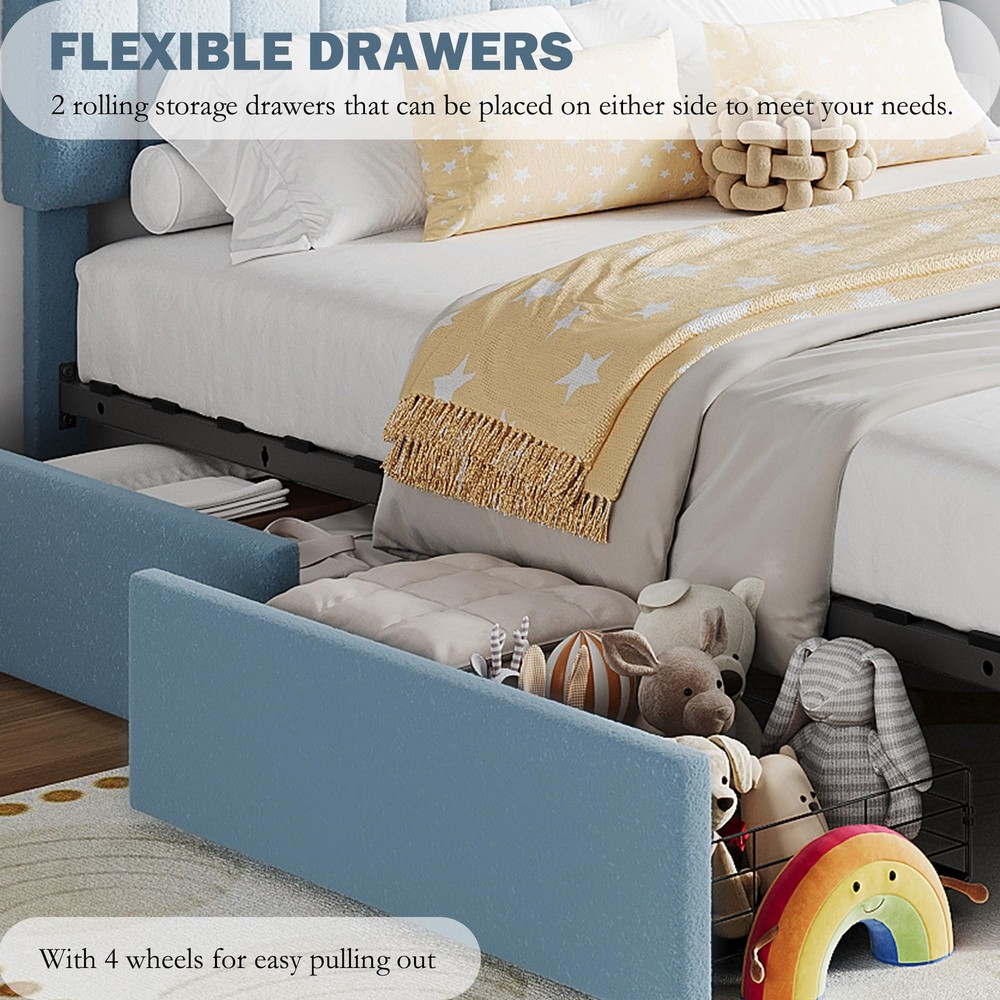 Full Size Upholstered Bed Frame & Headboard ,Boucle Platform Bed with 2 Drawers