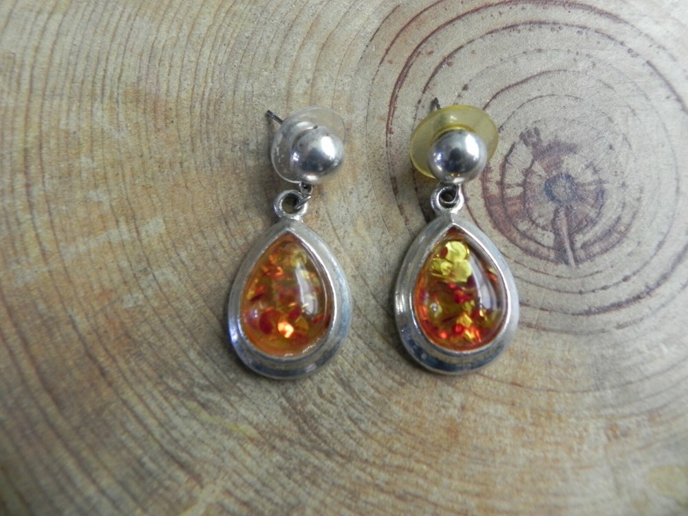 Amber & Sterling Silver Teardrop shape dangle Earrings