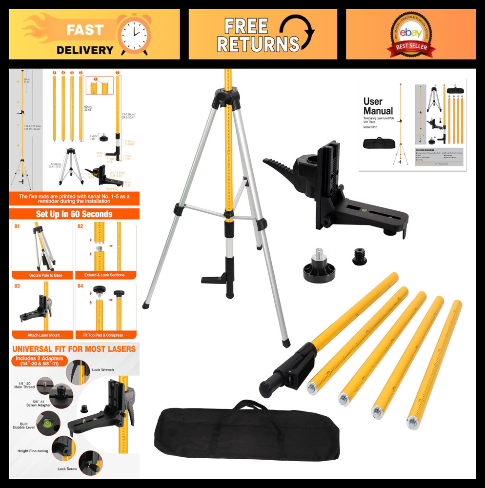 12Ft Adjustable Telescoping Laser Level Pole Tripod - Dual Thread Adapter & Case