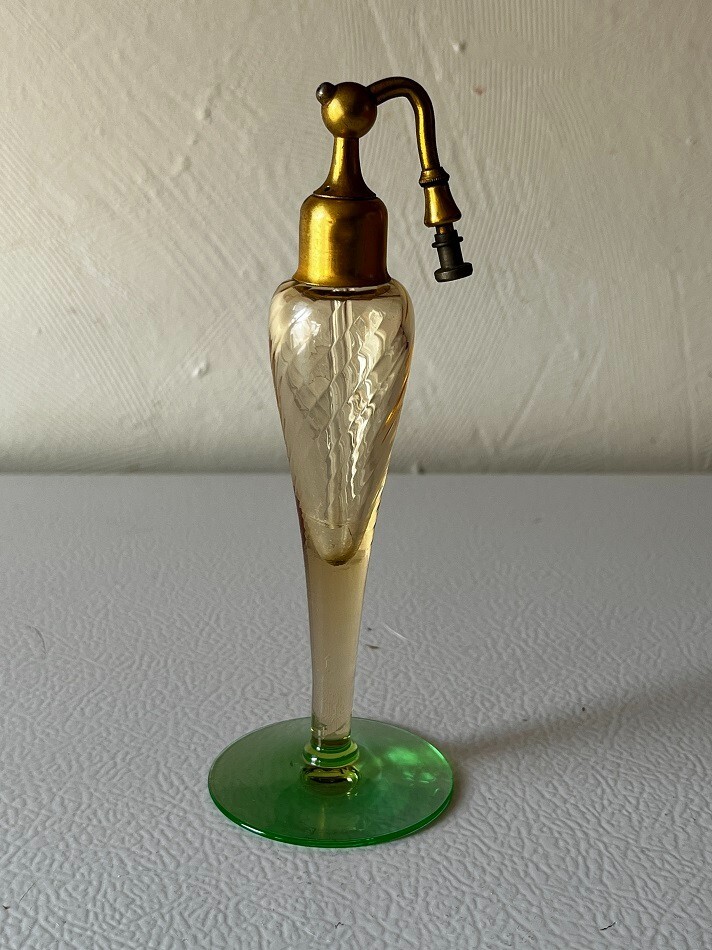 ANTIQUE VASELINE URANIUM GLASS PERFUME ATOMIZER BOTTLE