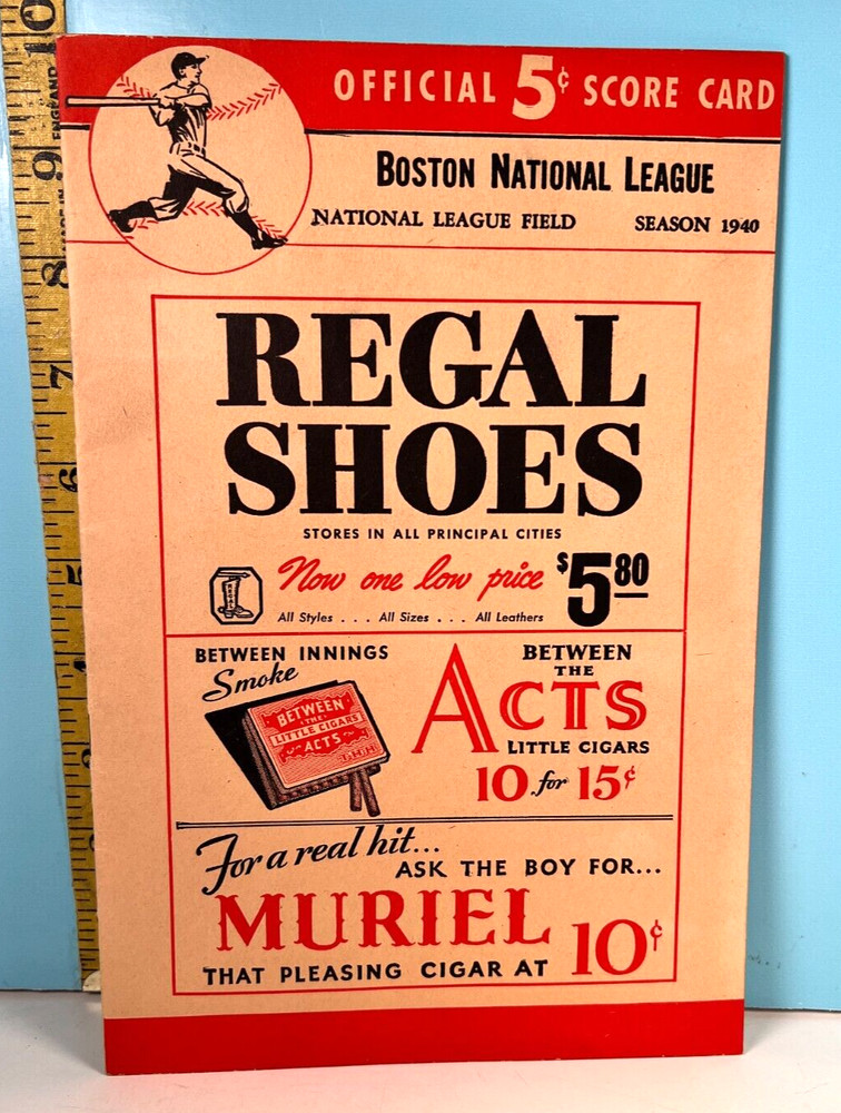 1940 Boston Braves Baseball Program vs Reds Unscored HIGH GRADE🔥