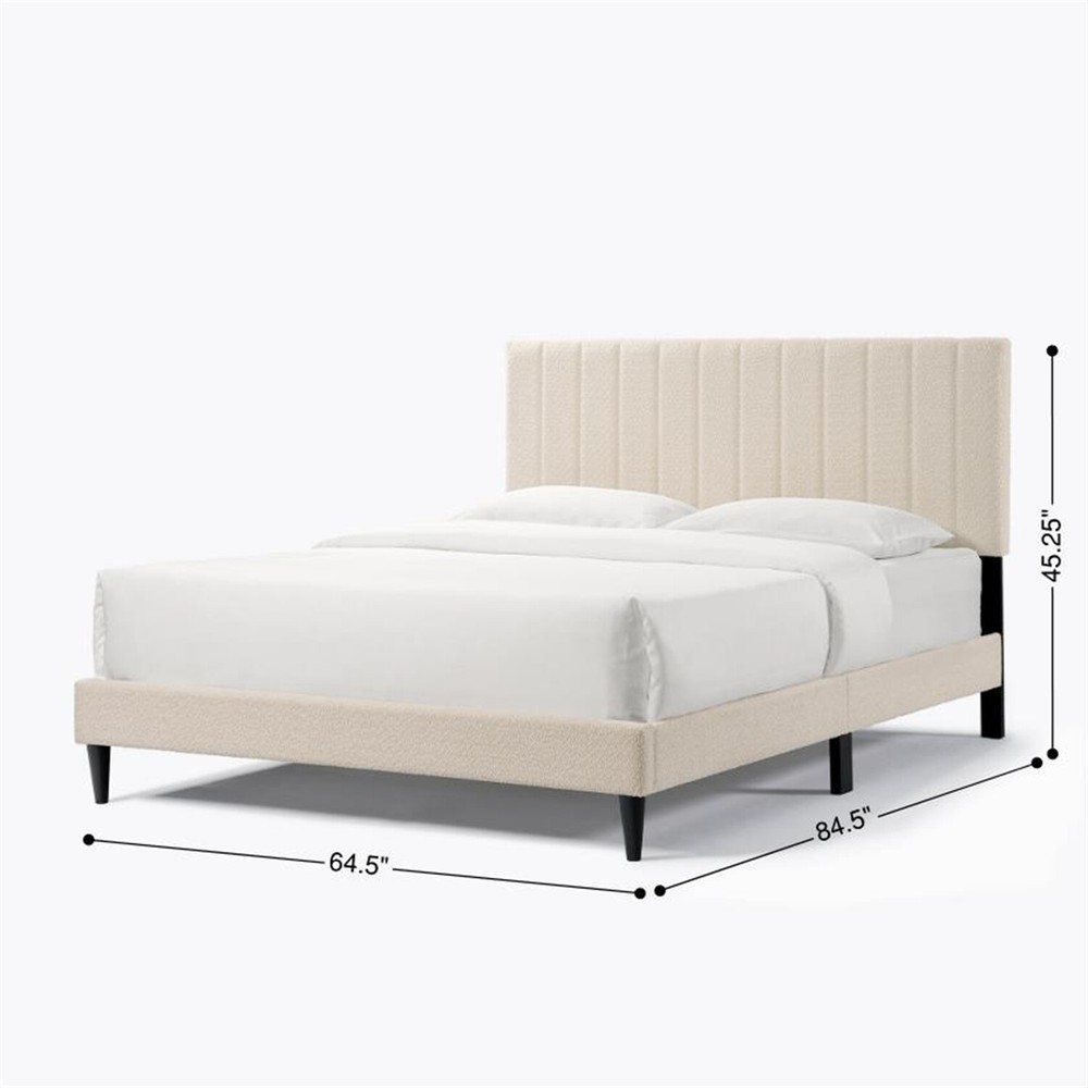 Queen Size Bed Frame Upholstered Platform Bed w/ Headboard Cream White/Gray