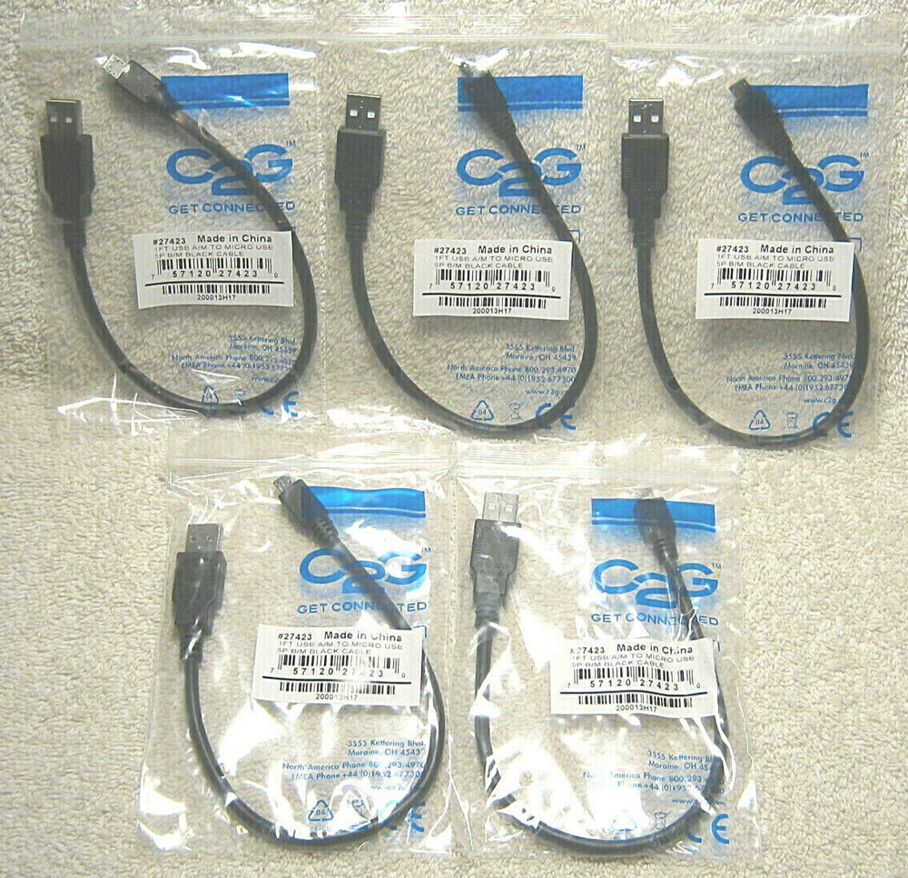 C2G 1FT USB 2.0 A TO MICRO-USB B CABLE - USB CABLE - PHONE CHARGING CABLE QTY 5