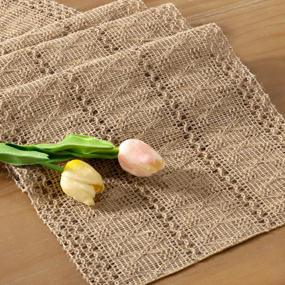 Boho Table Runner Summer Farmhouse Burlap Jute Bamboo Rustic Dining Kitchen C...