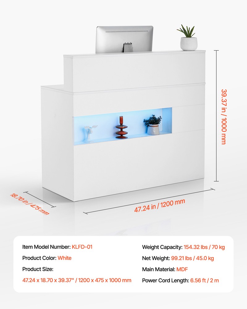 Reception Desk Rectangular Front Counter Table 47.24 in White Office Table