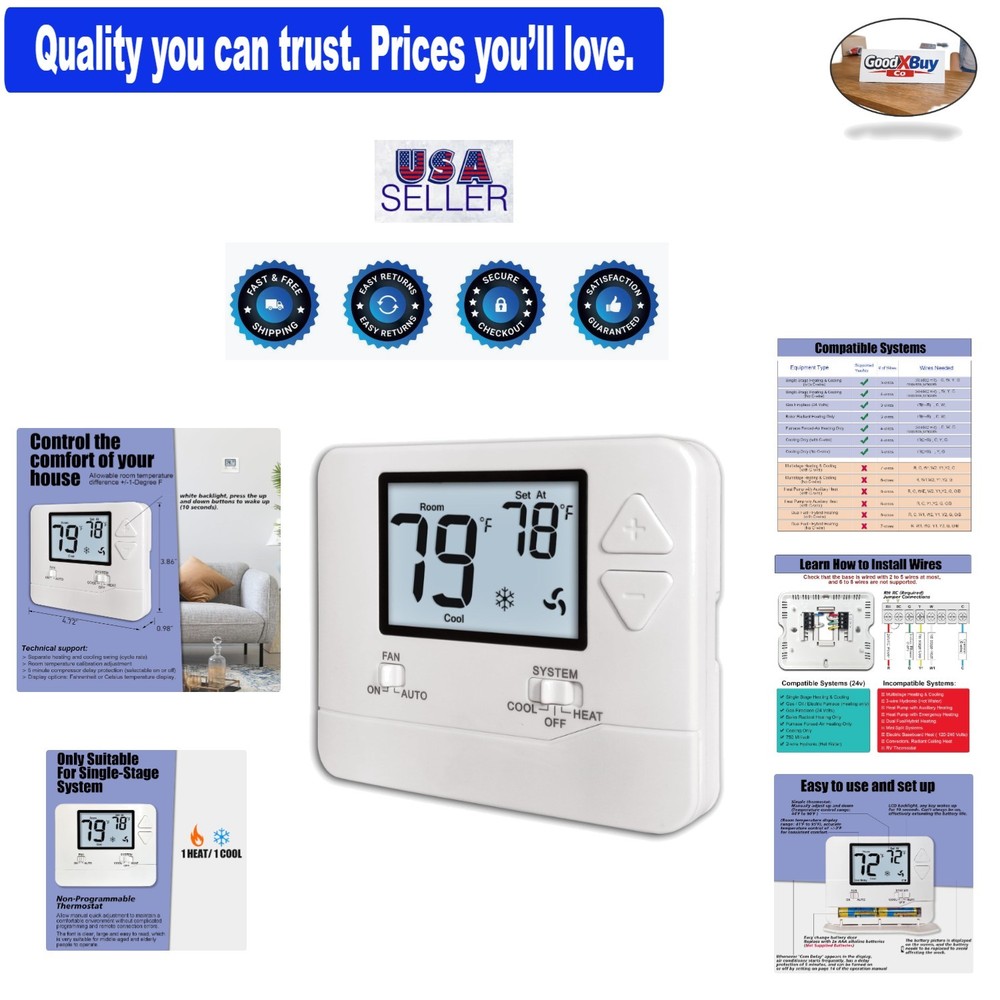 Wired Non-Programmable Thermostat for Single-Stage HVAC White Backlit