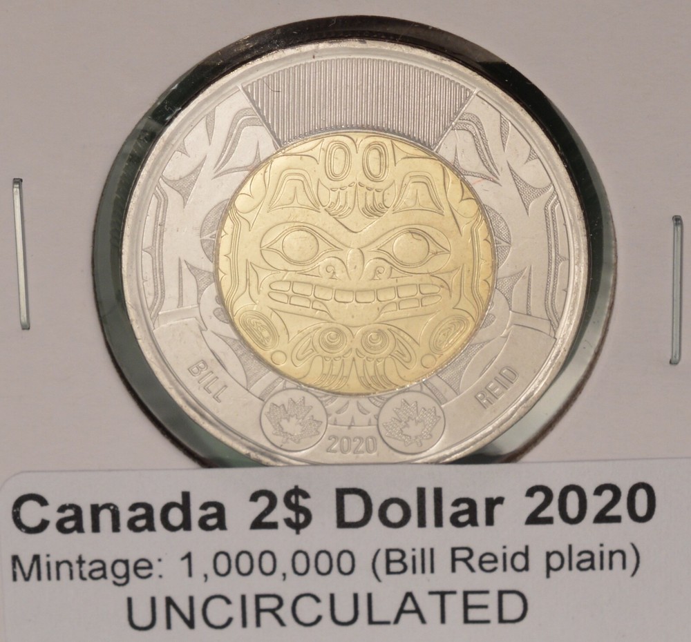 2020 Canada $2 Toonie - Bill Reid PLAIN  - Uncirculated from Mint Roll