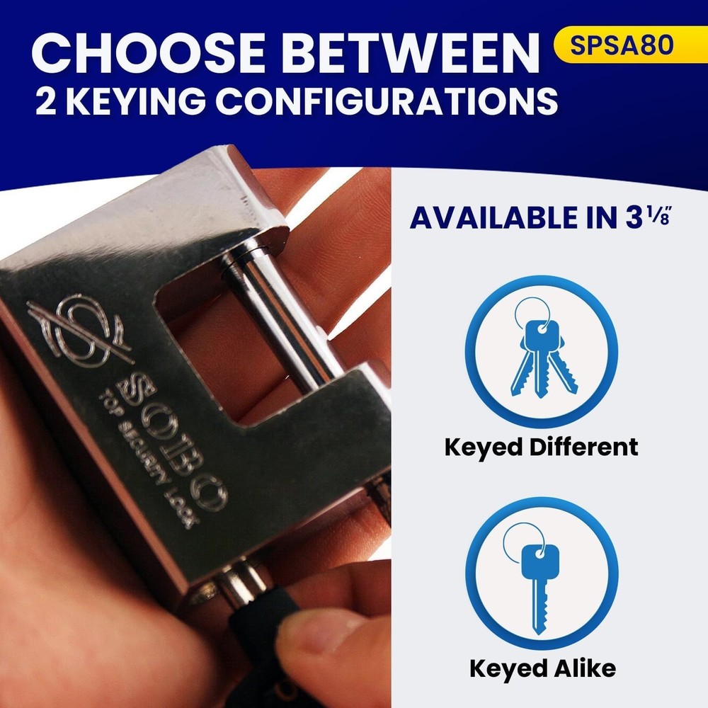 High Security D-Style Padlock, Chrome Finish, Keyed Alike