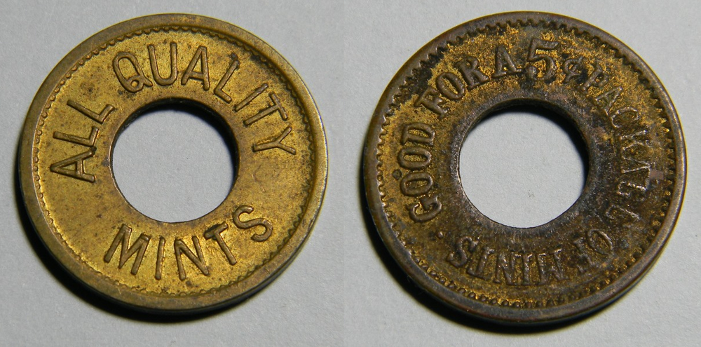 All Quality Mints 5¢ Antique Machine Token (01937)