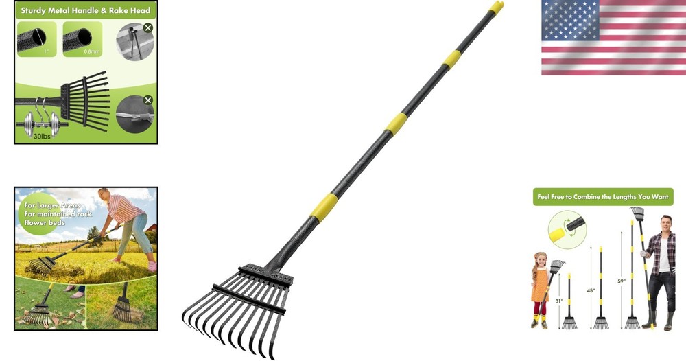 Durable 11-Tine Garden Rake for Effortless Leaf Cleanup - 60” Adjustable Handle