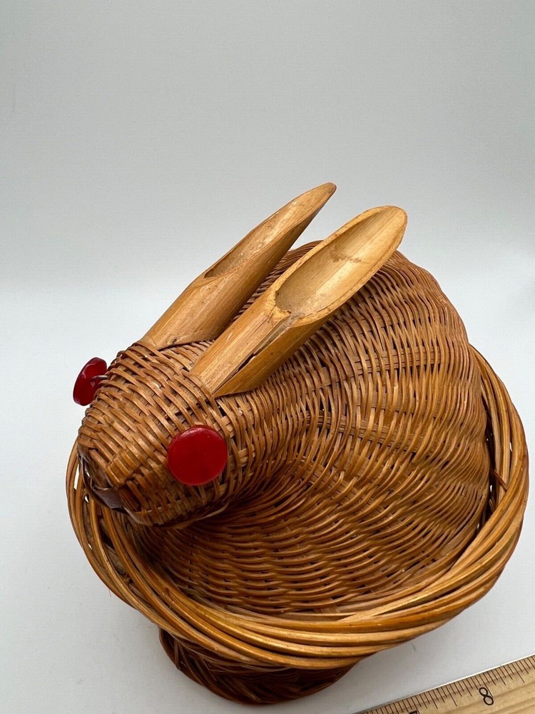 Small Bamboo Bunny Rabbit Basket With Button Eyes