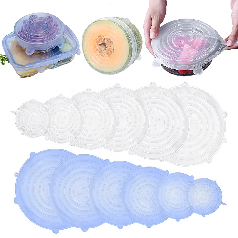 12 PCS Kitchen Silicone Stretch Lids Reusable, Microwave(White + Blue)