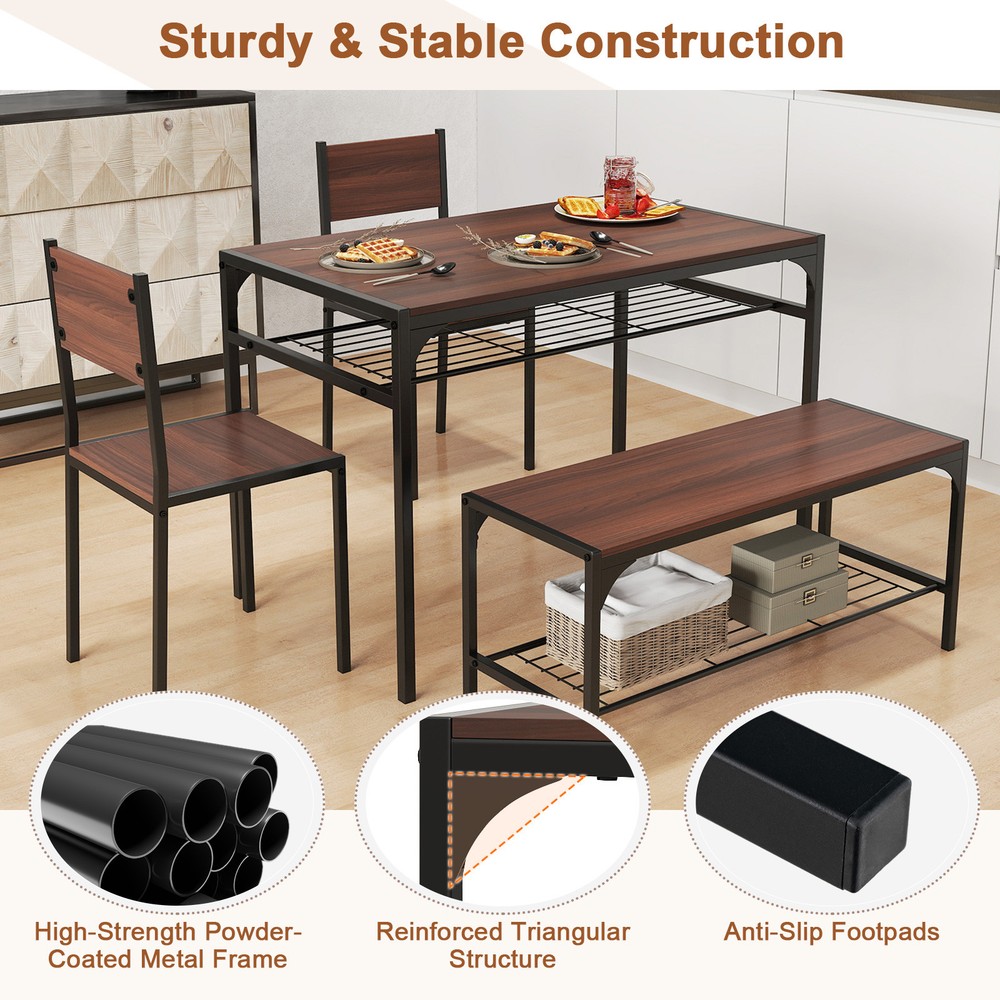 Dining Table Set for 4 Rectangular Table w/ 2 Chairs, 1 Bench, Storage Racks