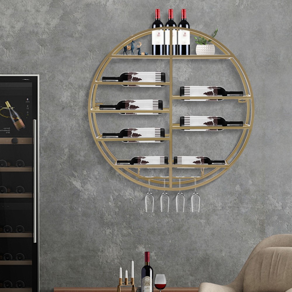 Round Wall-Mounted Wine Display Rack & Shelf Integrated with Glass Holder