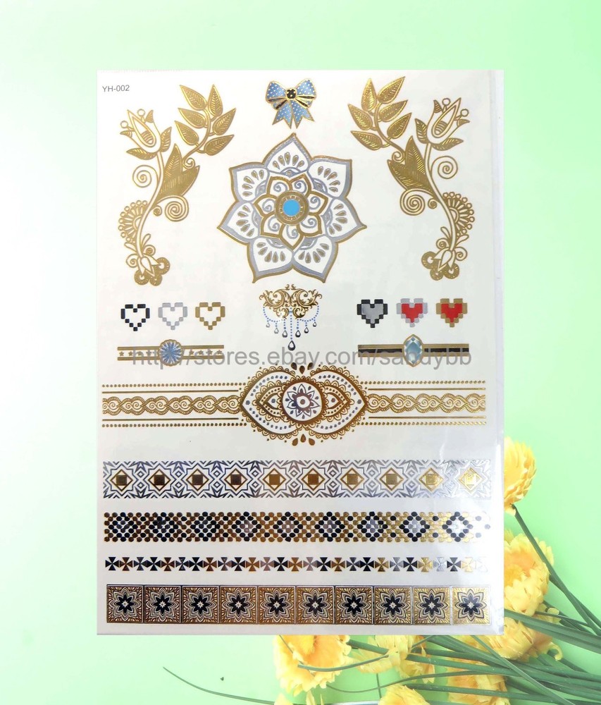 12 sheets gold silver metallic flash tattoo temporary tattoo