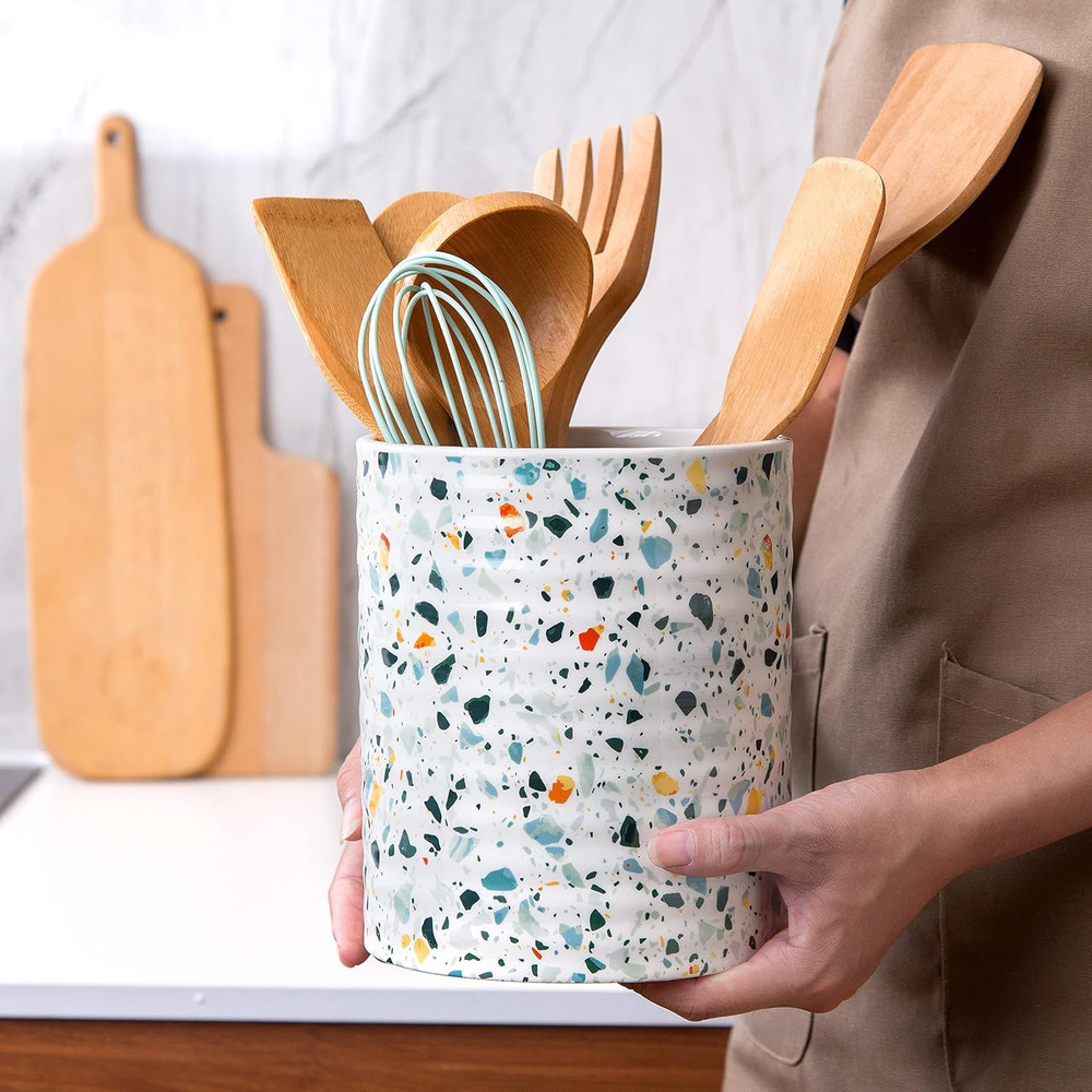 Kitchen Utensil Holder,7.2″Extra Large Stable Terrazzo Marble Pattern Ceramic Ut