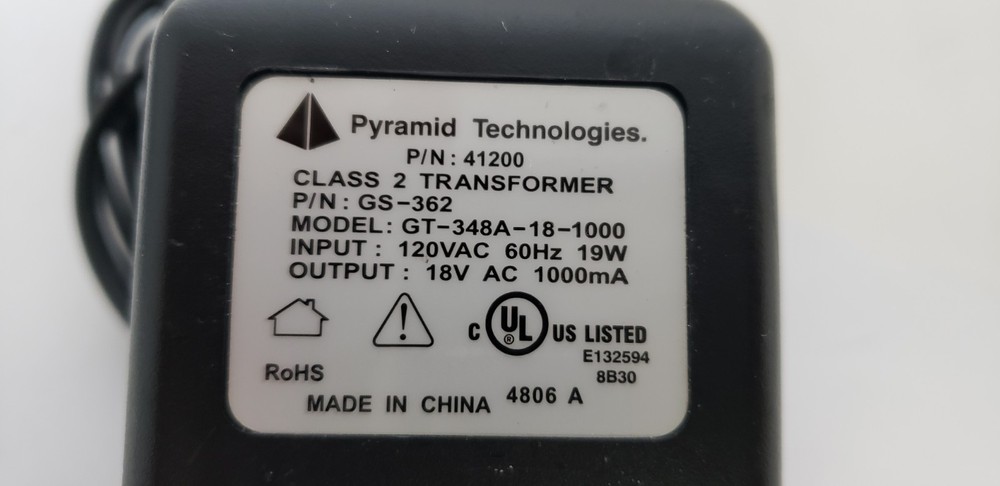 PYRAMID TECHNOLOGIES GT-348A-18-1000 AC ADAPTOR, CLASS 2 TRANSFORMER, 120V, NIB