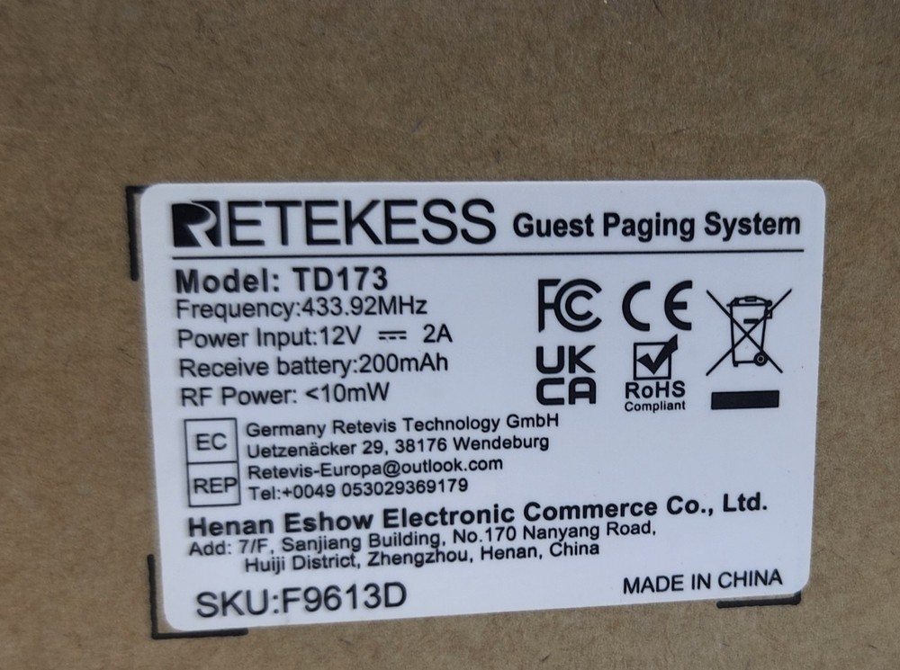 Restaurant Pager, Queue Wireless Calling System, 1640ft Working Distance TD173