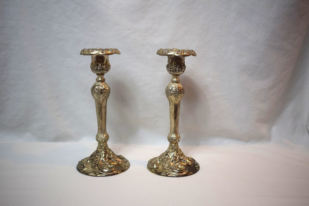 Vintage Pair Godinger Silver Plated Candlestick Holders Embossed Grapes