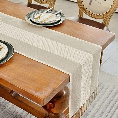 Linen Table Runner, Farmhouse Macrame Table Runners 60 13"×60" Light Coffee