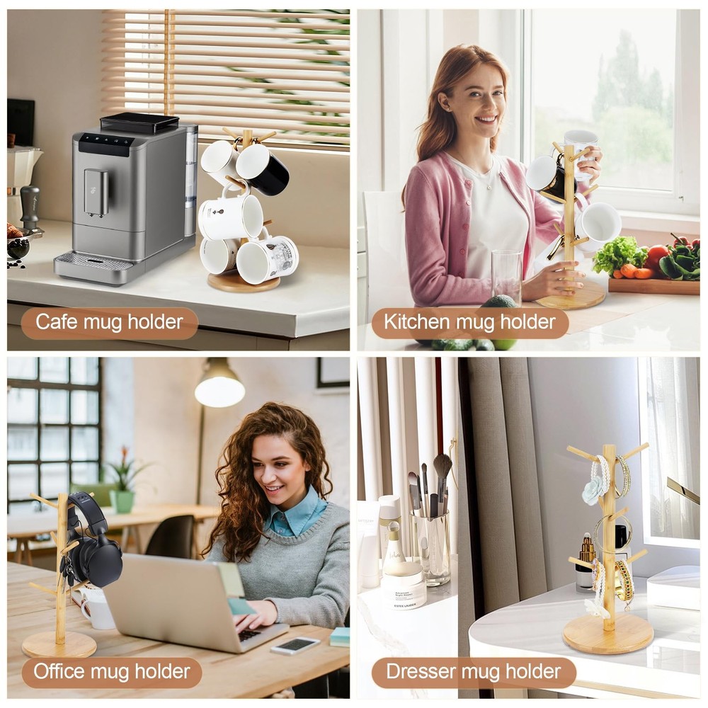 Bamboo Mug Tree Holder, Upgraded Screw Type 6 Hooks Coffee Mug Holders, Decor...