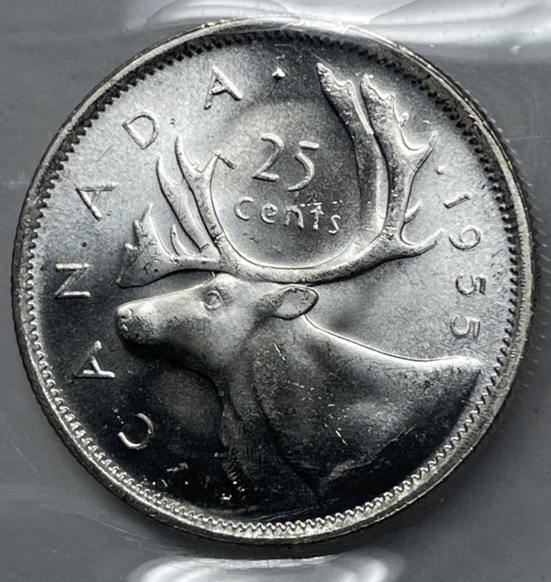 1955 Double Die Reverse Canada 25 Cent. ICCS Certified MS-63. C-2488