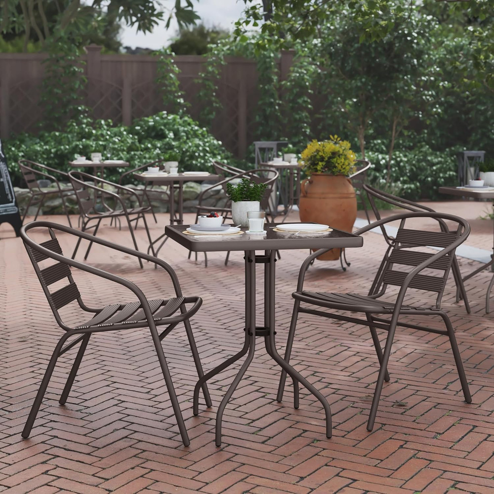 Lila 23.5'' Square Glass Table with 2 Bronze Slat Stack Chairs Set