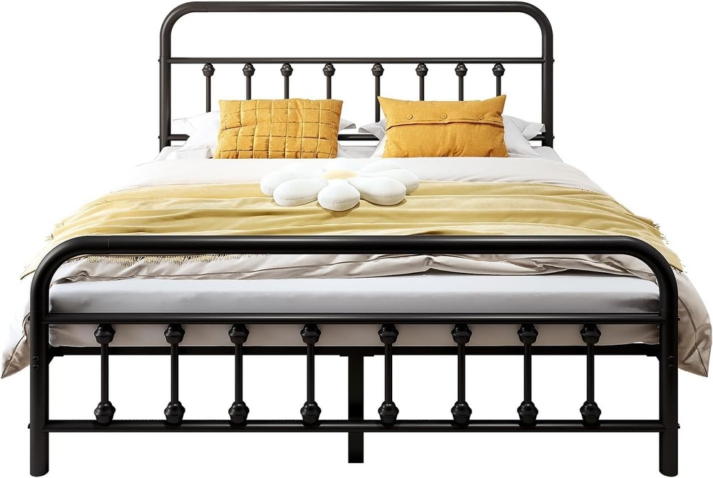 Bed Frame, Metal Platform Bed with Victorian Style Iron-Art Queen Black