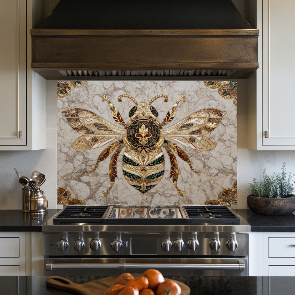 Gold Marble Look Bee Print Backsplash, Tempered Glass Kitchen Backsplash