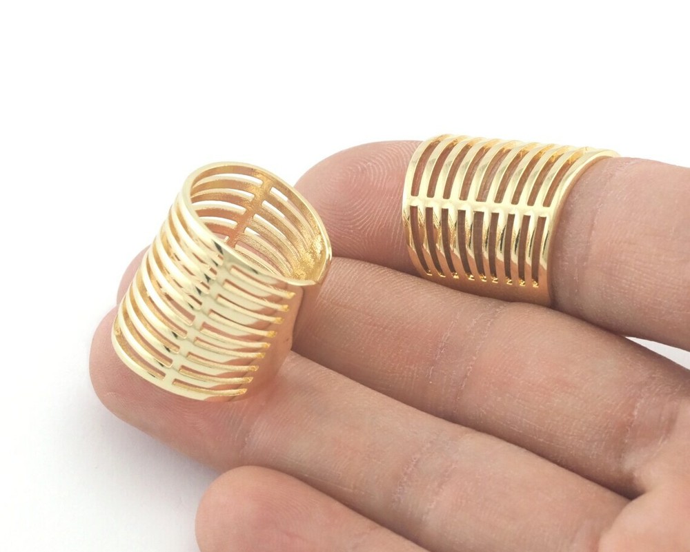 Statement ring separate lines Adjustable Shiny Gold Plated Brass 6US 9.5US 4297